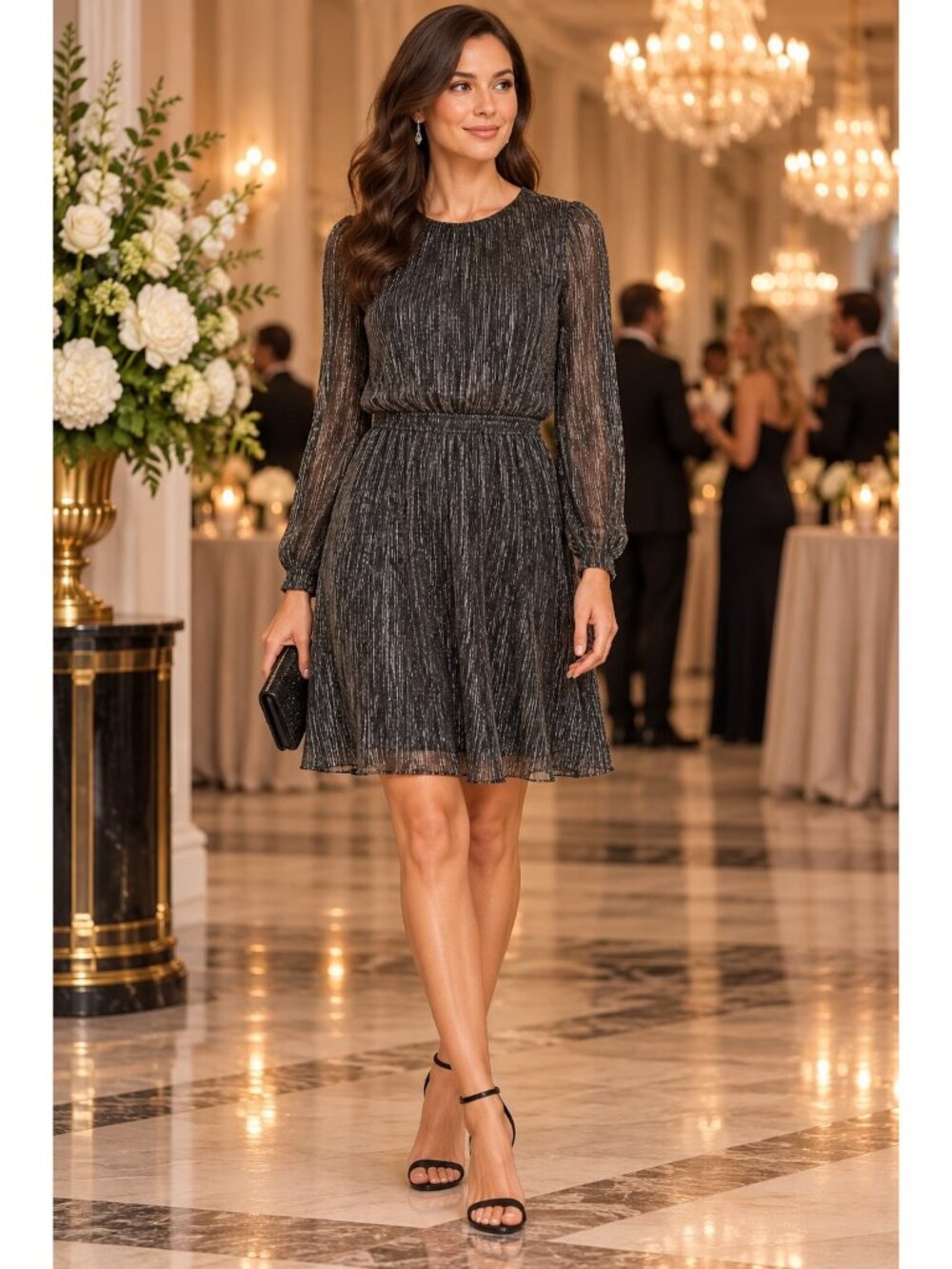 White House Black Market NWT S Shimmer Blouson Dress Black Silver